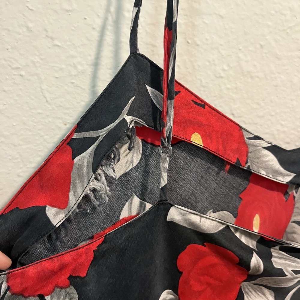 Vintage 90's Slip Dress Chemise Medium 100% Silk Black Floral Satin Babydoll - Picture 8 of 15